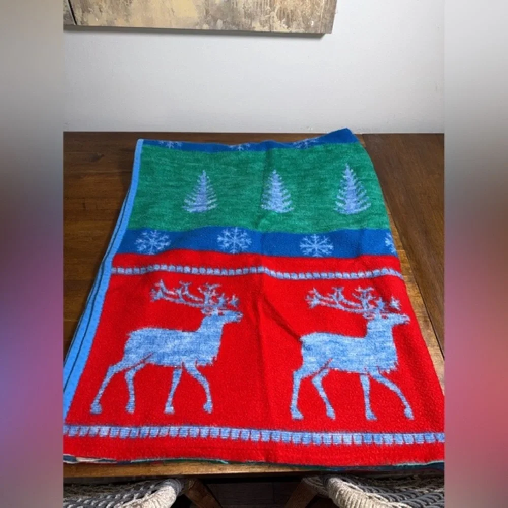 Vtg Biederlack Christmas Throw Tree Reindeer Reversible Blanket 58x68